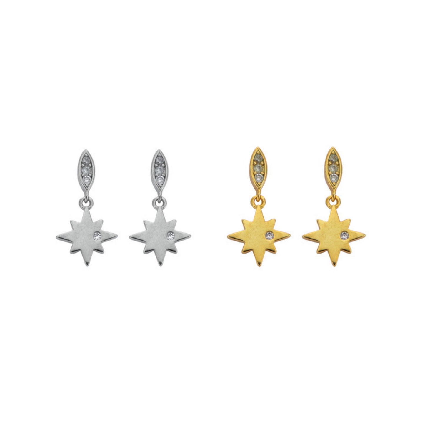 Star pressure earrings in silver and gold plated silver, decorated with white zircons