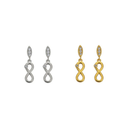 Infinity pressure earrings in silver and gold plated silver, decorated with small white zircons