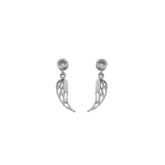 Angel wings pressure earrings in silver, decorated with small white zircons