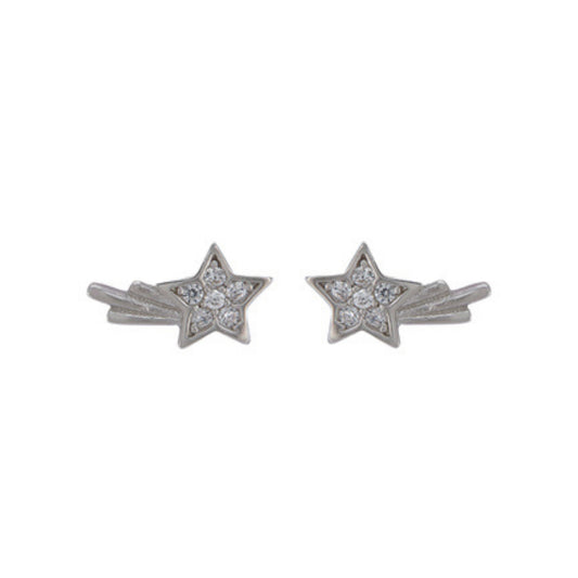 Shooting star stud earrings in silver, adorned with small white zircons