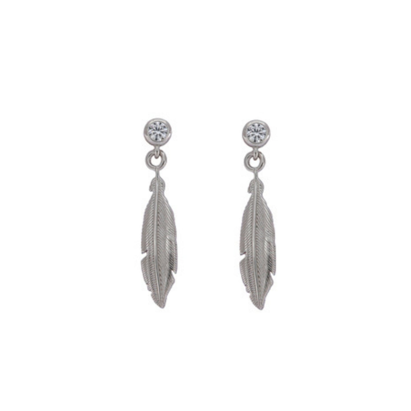 Feather pressure earrings in silver, decorated with small white zircons