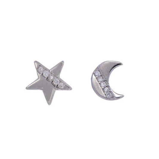 Star and moon pressure earrings in silver, decorated with small white zircons