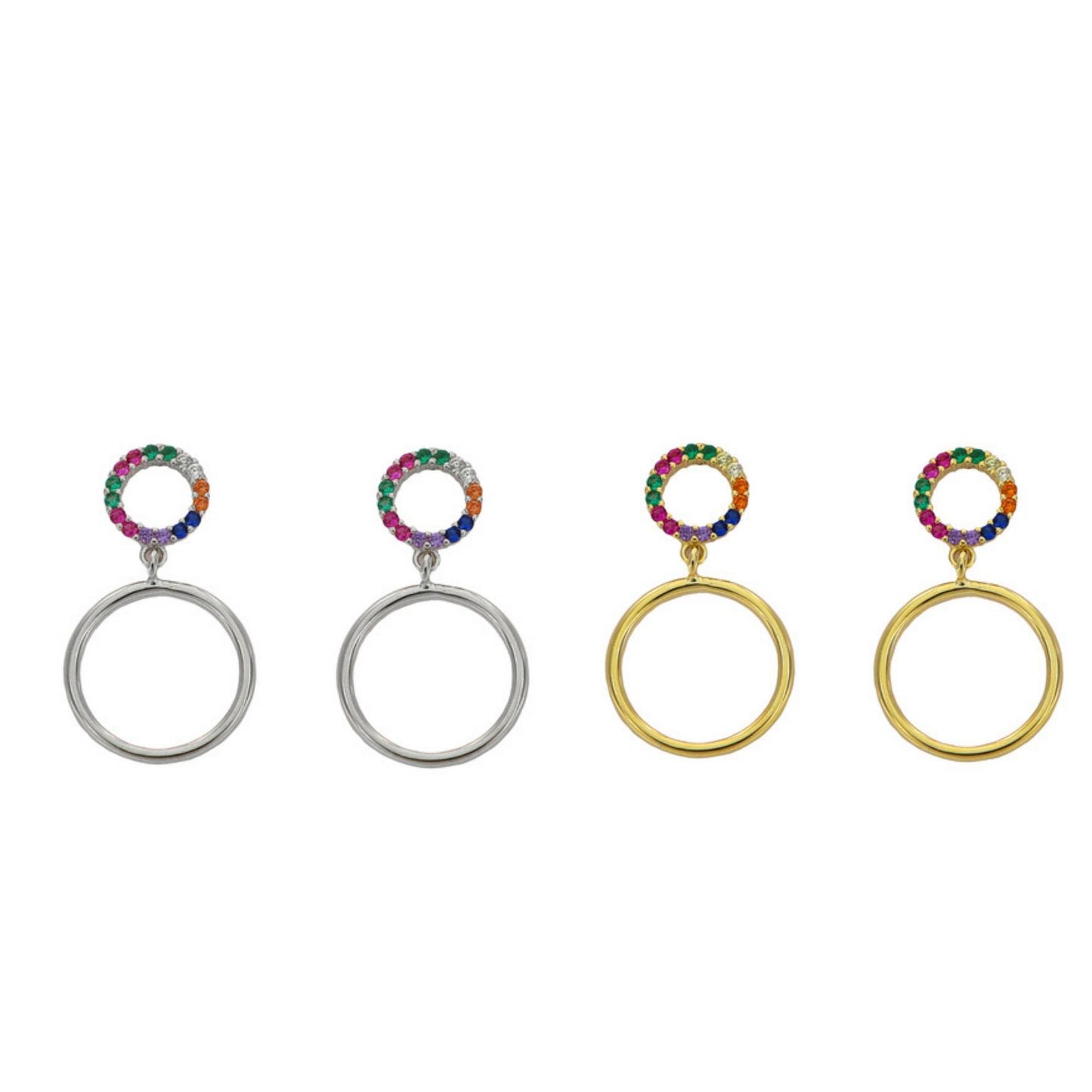 Pendientes círculos en plata y plata bañada en oro, adornados con pequeñas circonitas colores