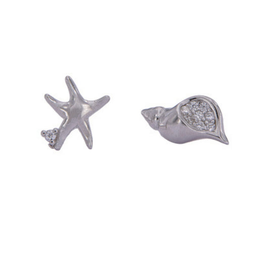 Seashells pressure earrings in silver, decorated with small white zircons