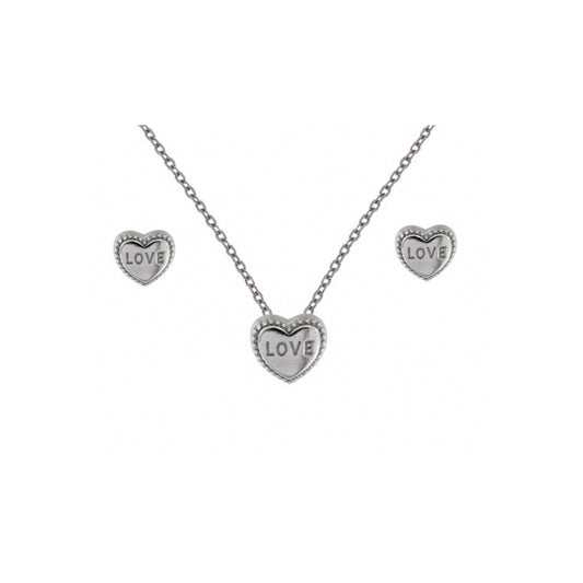 Conjunto Corazones escrito Love en plata con circonitas blancas