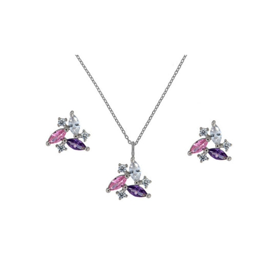 Conjunto Flores en plata y plata chapada en oro con circonitas de color blancas, rosas y lilas