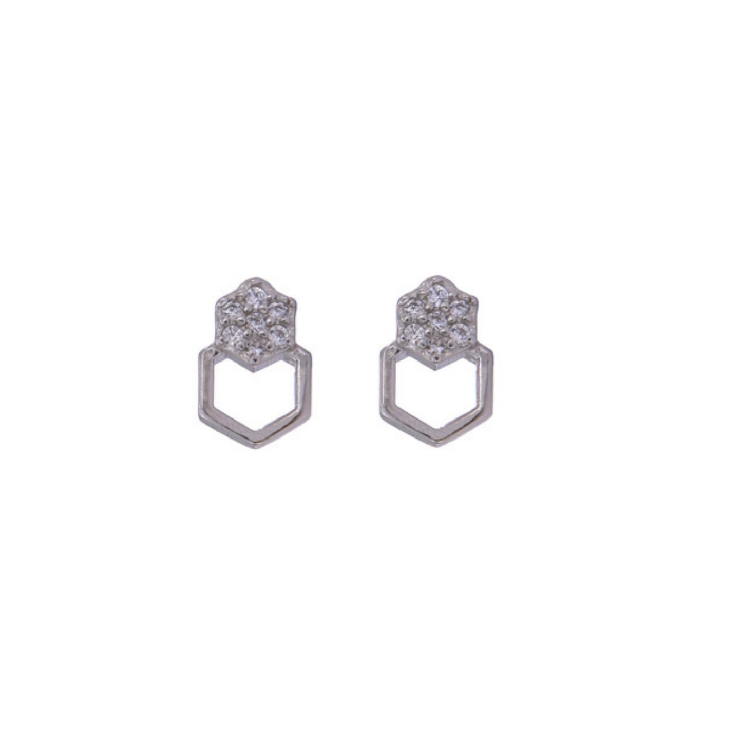 Pentagonal pressure earrings in silver, decorated with small white zircons