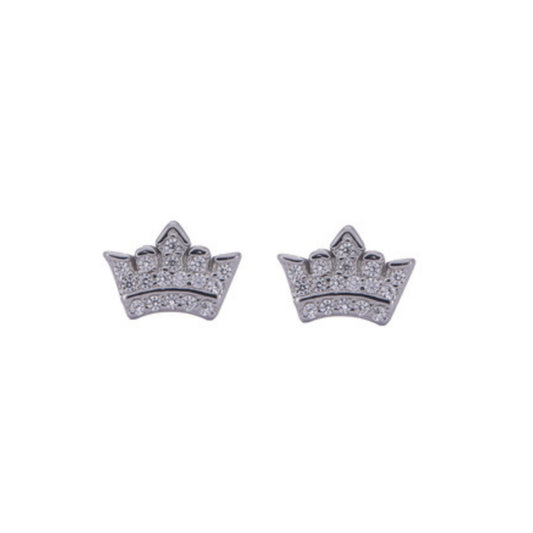 Crown pressure earrings in silver, decorated with small white zircons