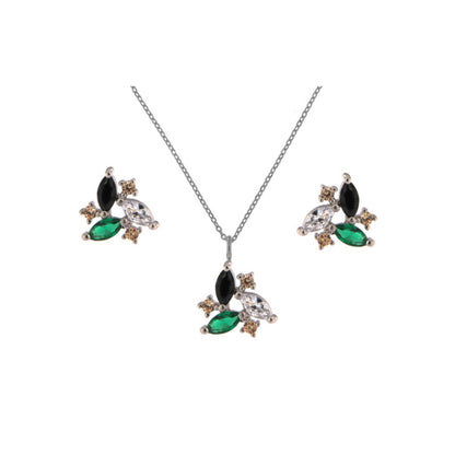 Conjunto en plata y plata chapada en oro con circonitas de color blancas, verdes y negros