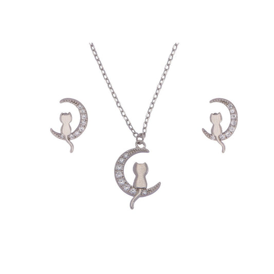 Moon and Cats Set in Silver with White Zirconia