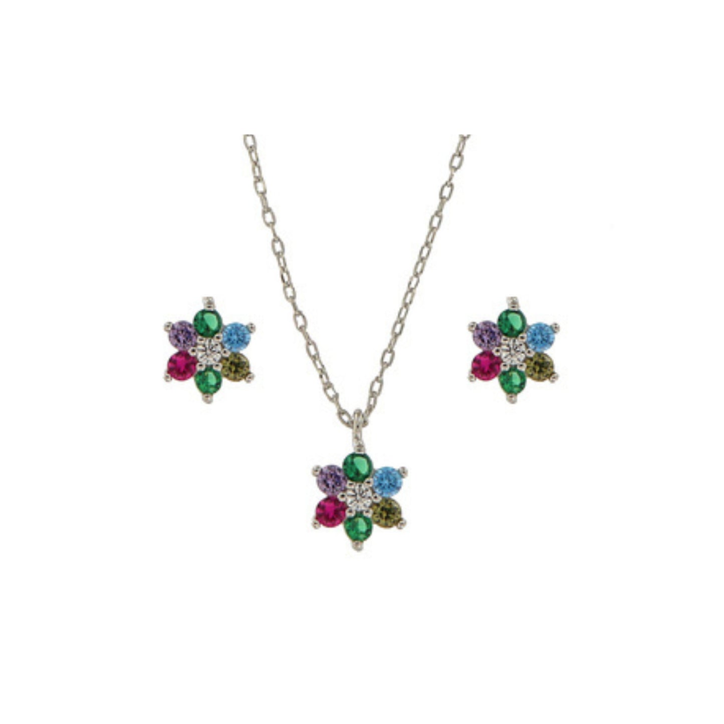 Conjunto Flor en plata y plata chapada en oro con circonitas blancas, verdes, azules y lilas