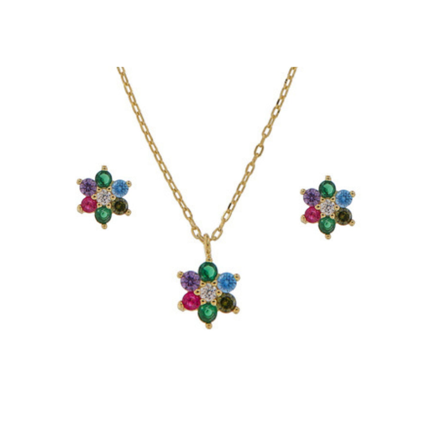 Conjunto Flor en plata y plata chapada en oro con circonitas blancas, verdes, azules y lilas