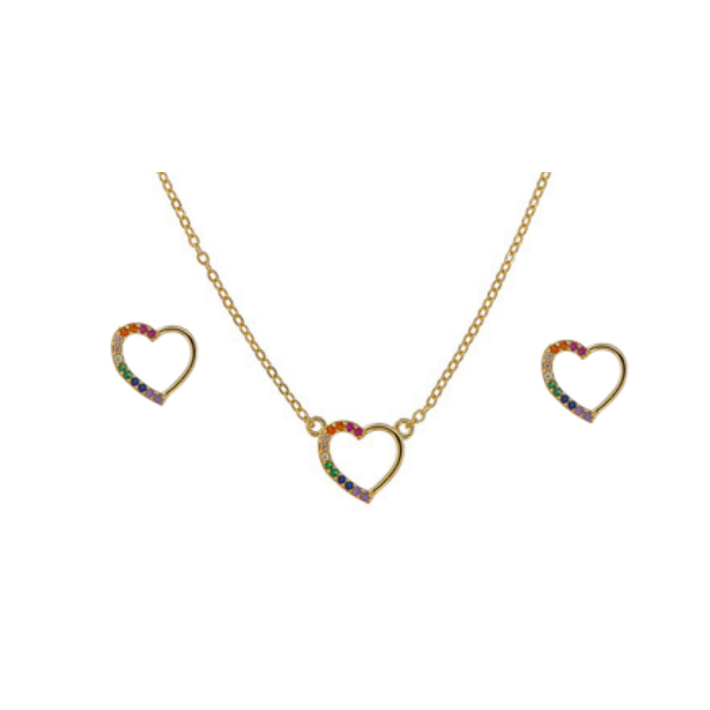 Conjunto Corazones en plata y plata chapada en oro con circonitas colores