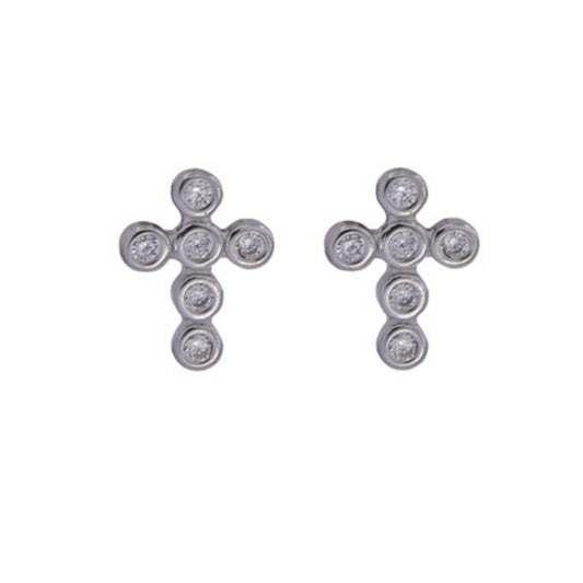 Cross pressure earrings in silver, decorated with small white zircons