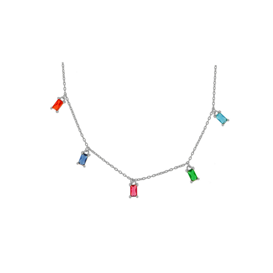 Colgante Baguette en plata y plata chapado en oro con circonitas de colores rojo, azul, azul turquesa, rosa y verde