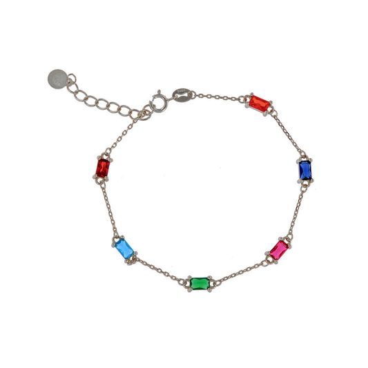 Pulsera Baguette en plata y plata chapado en oro con circonitas de colores rojo, azul, azul turquesa y rosa