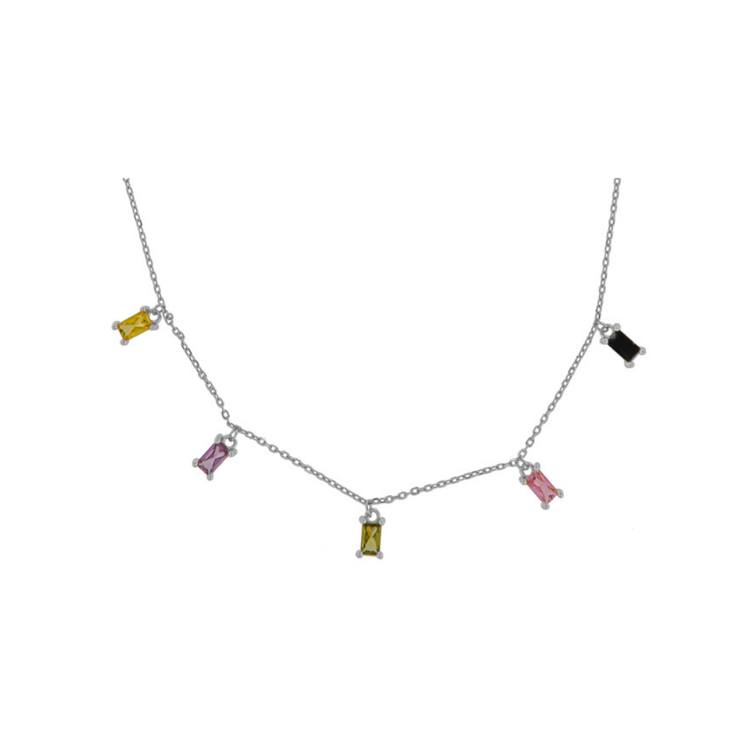 Colgante Baguette en plata y plata chapado en oro con circonitas de colores amarillo, lila, rosa y negro