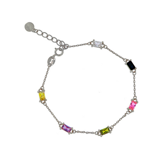 Pulsera Baguette en plata y plata chapado en oro con circonitas de colores amarilla, negro, lila, verde, rosa y blanco