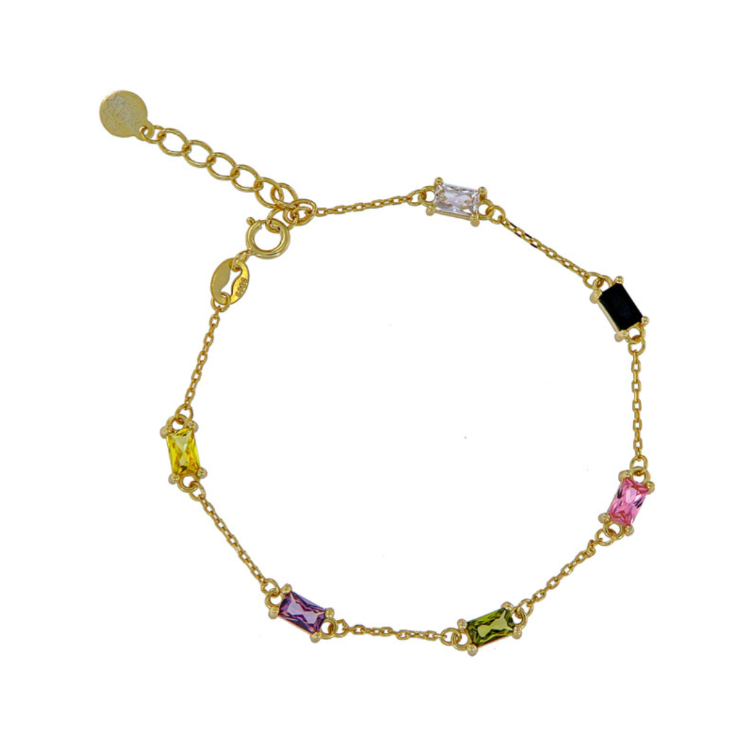 Pulsera Baguette en plata y plata chapado en oro con circonitas de colores amarilla, negro, lila, verde, rosa y blanco