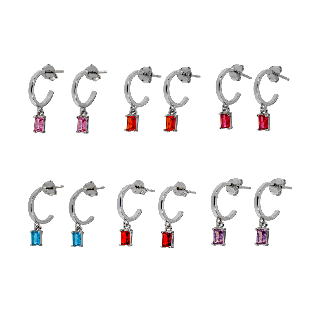 Pendientes Baguette en plata con circonitas de colores