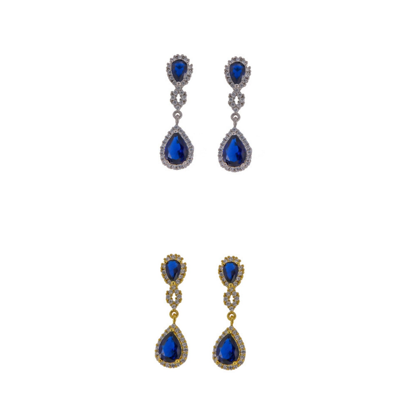 Party earrings in silver and gold-plated silver, decorated with blue zircons