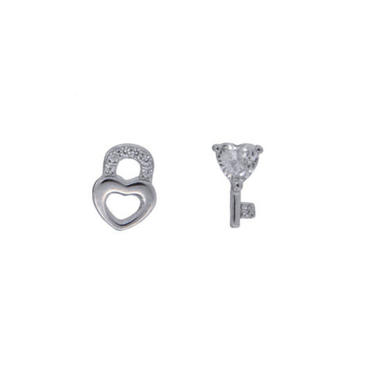 Key and Heart Pressure Earrings in silver, decorated with small white zircons