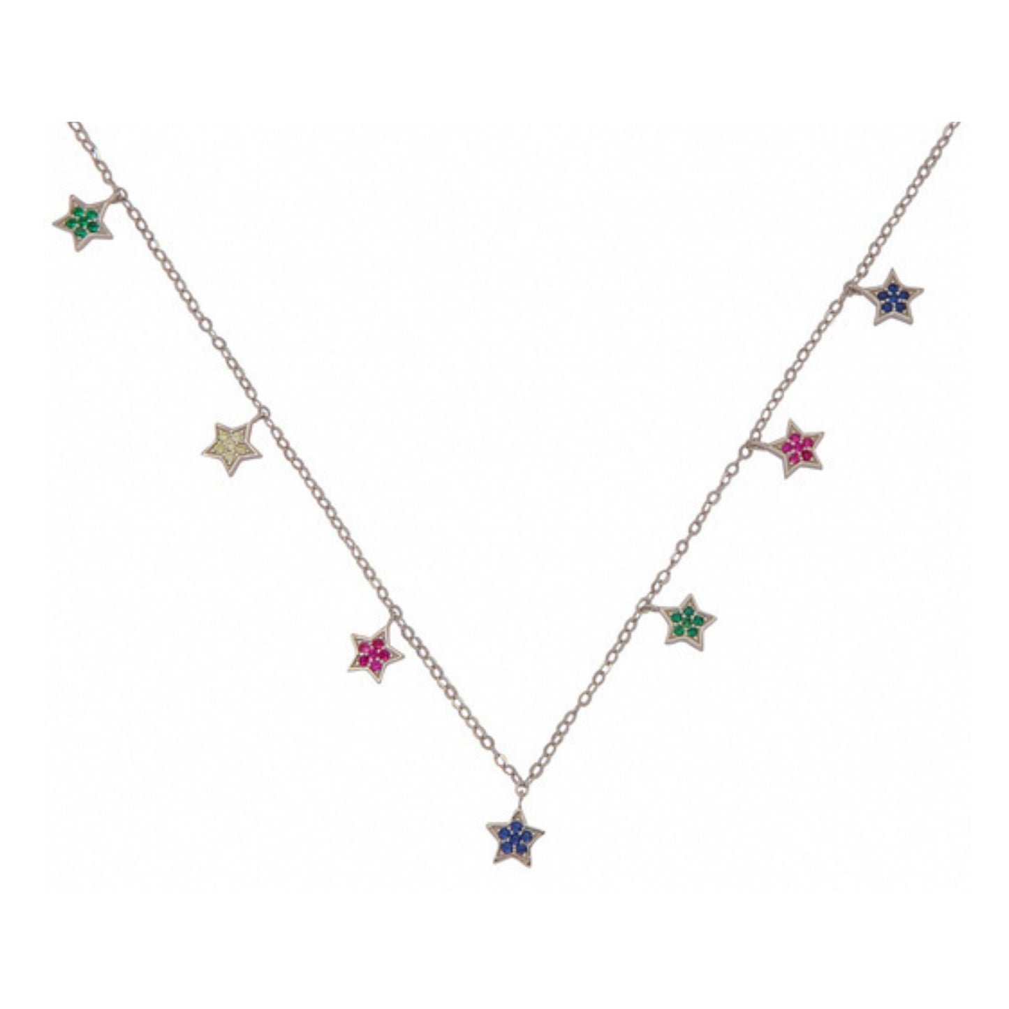 Gargantilla de Estrellas en plata con circonitas de color amarillo, rosa, verde y azúl