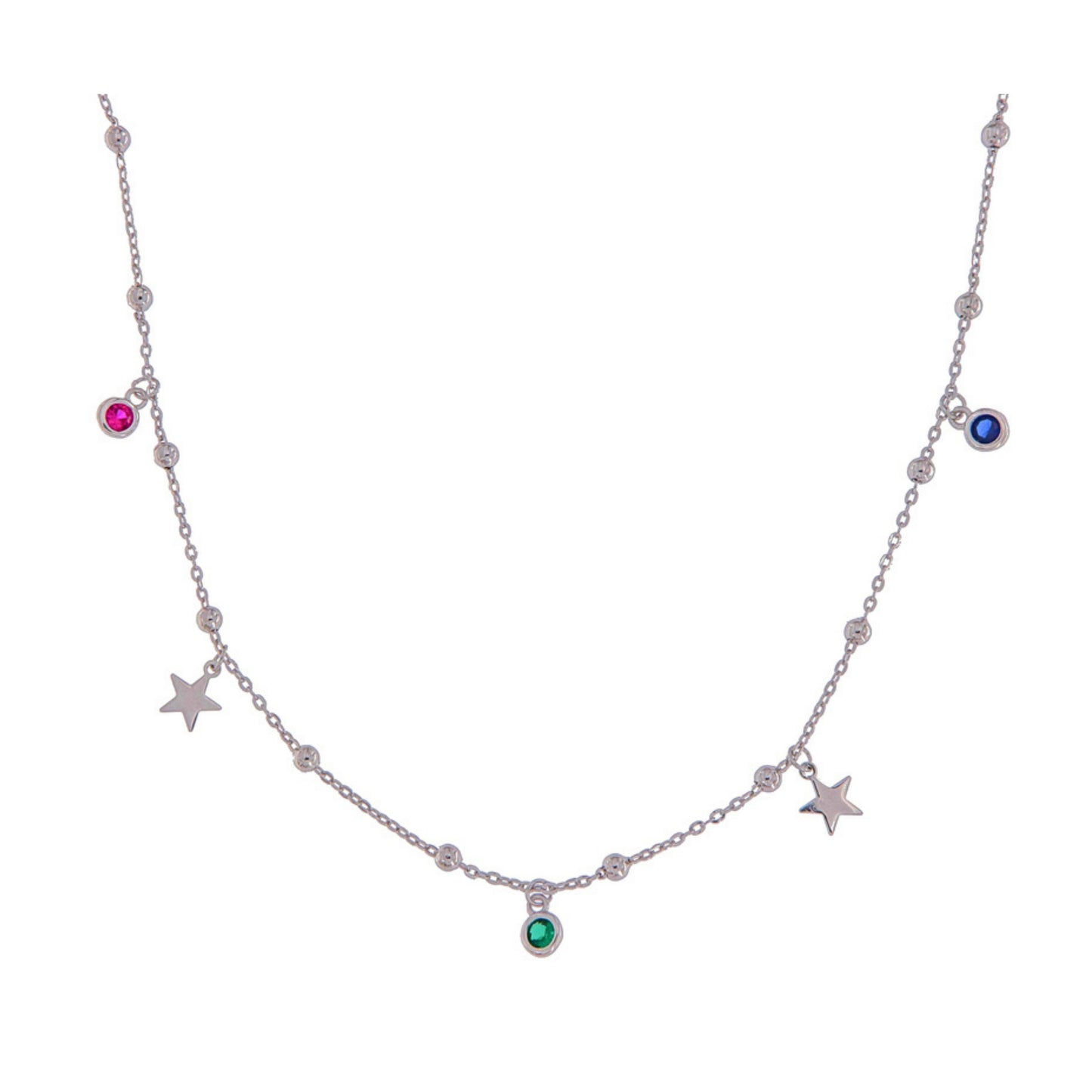 Gargantilla de en Círculos y Estrellas en plata con circonitas de color rosa, azul y verde