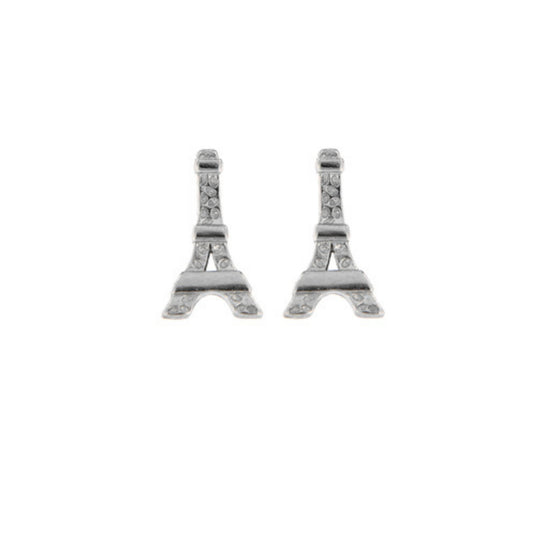 Eiffel Tower Stud Earrings in silver, adorned with small white zircons