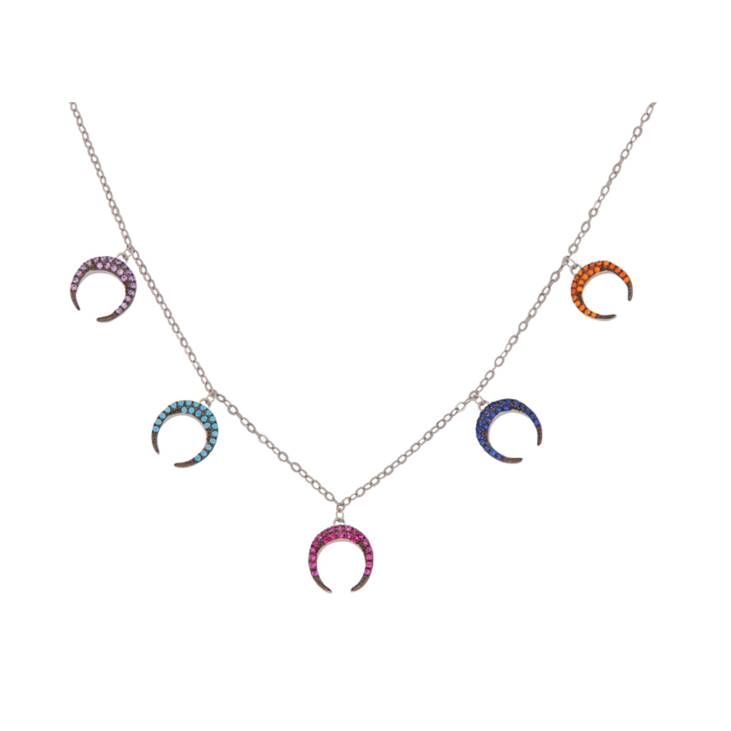 Gargantilla de en Lunas en plata con circonitas de color rosa, azul, azul turquesa, lila y naranja