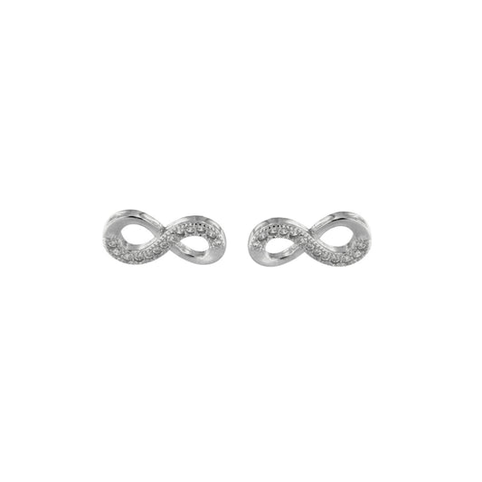 Infinity Sign Stud Earrings in silver, adorned with small white zircons