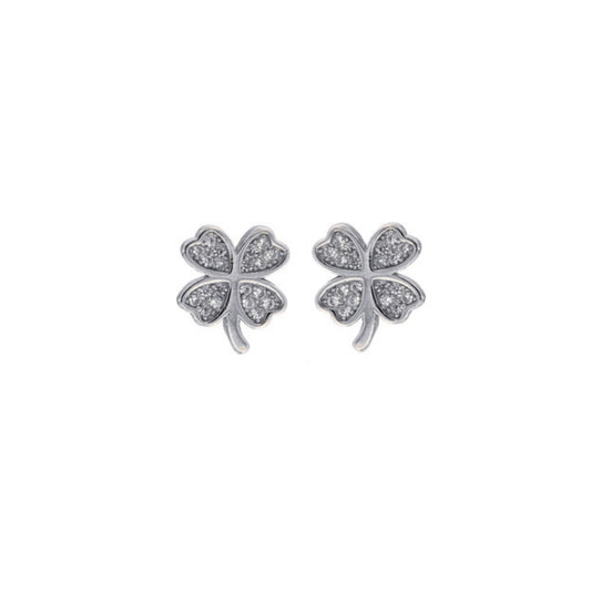 Clover pressure earrings in silver, decorated with small white zircons