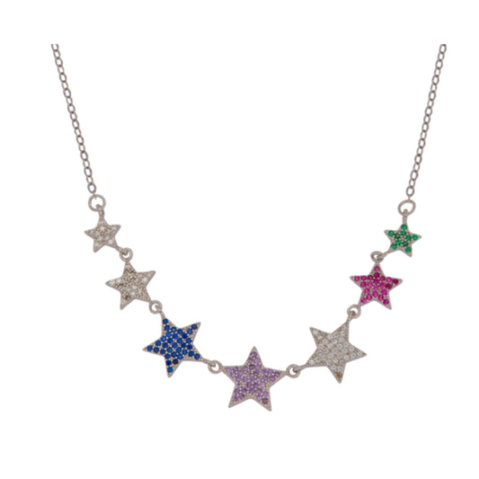 Gargantilla de Estrellas en plata con circonitas de color blanco, rosa, verde y azul