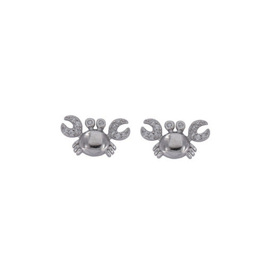 Silver crab stud earrings, decorated with white zircons