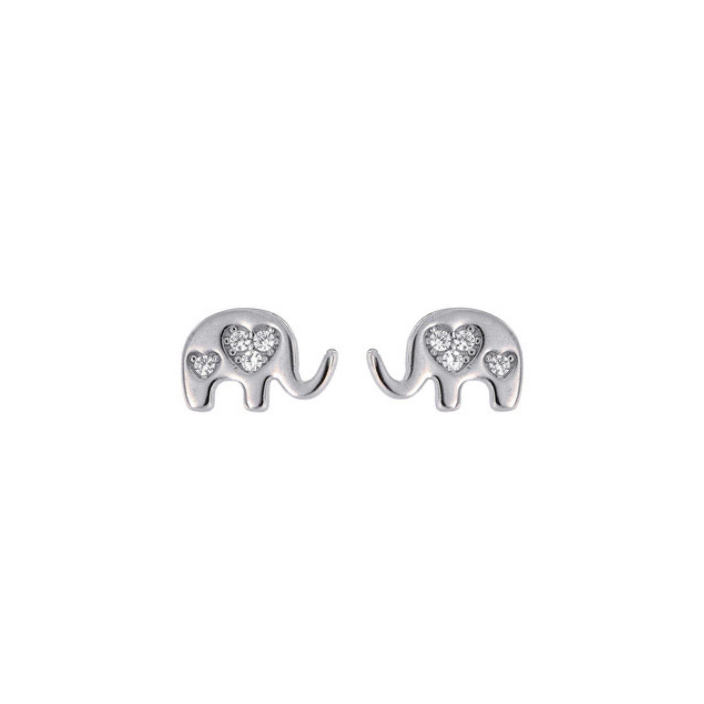 Elephant pressure earrings with hearts in silver and gold plated silver, decorated with small white zircons