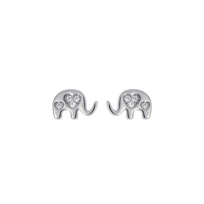 Elephant pressure earrings with hearts in silver and gold plated silver, decorated with small white zircons