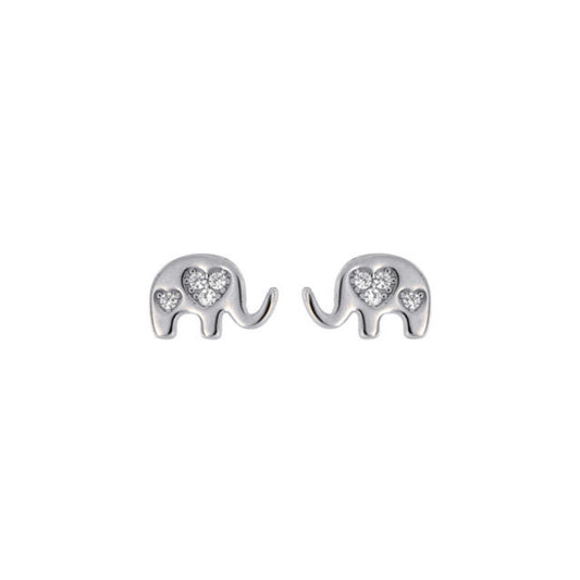 Elephant pressure earrings with hearts in silver and gold plated silver, decorated with small white zircons