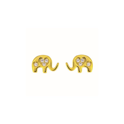 Elephant pressure earrings with hearts in silver and gold plated silver, decorated with small white zircons