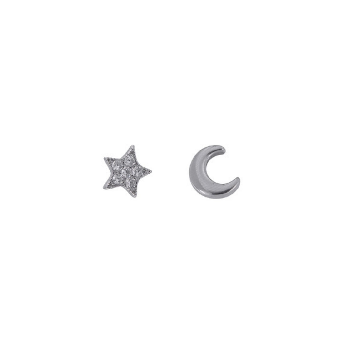 Star and moon pressure earrings in silver, decorated with small white zircons