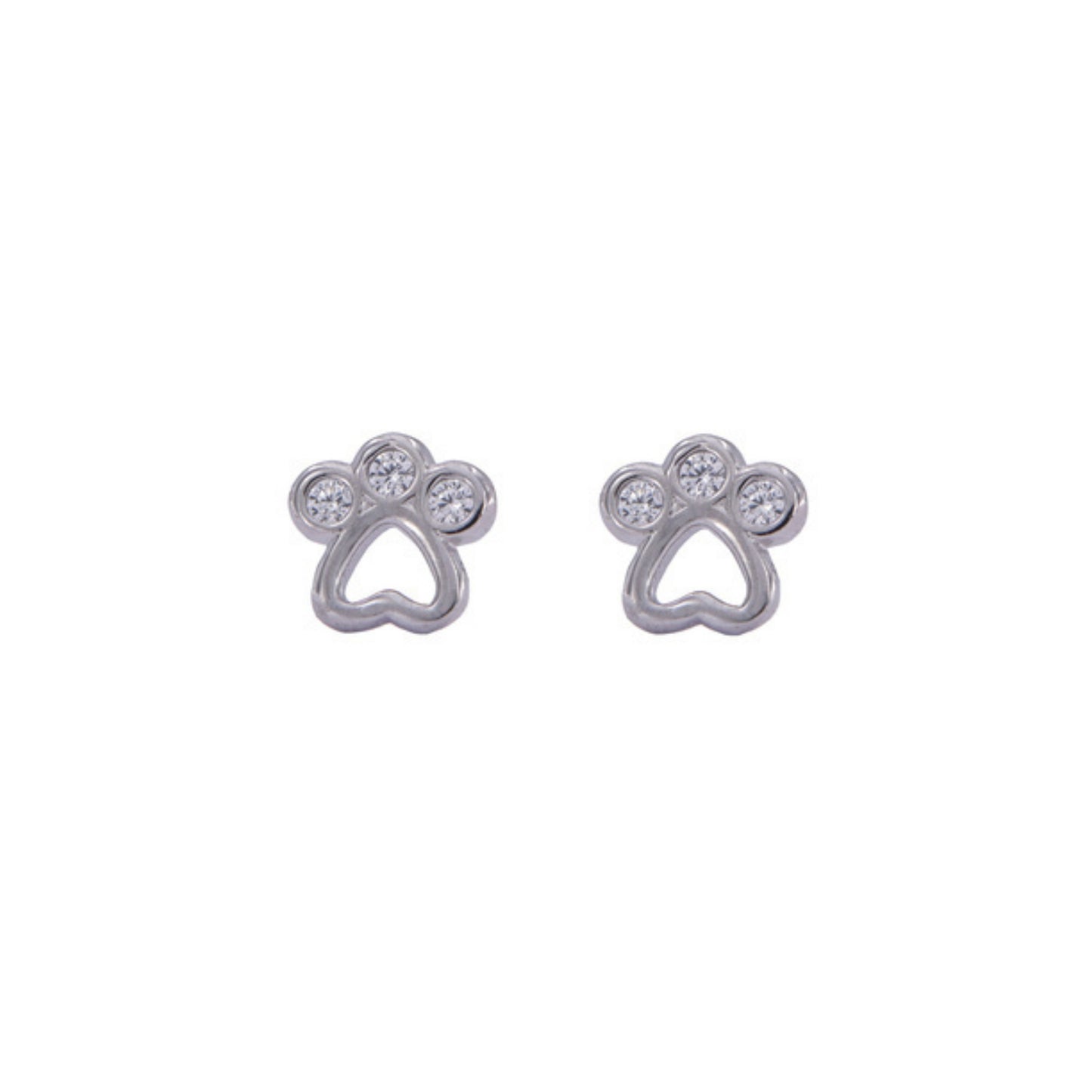 Dog Paw Prints Stud Earrings in silver, adorned with small white zircons