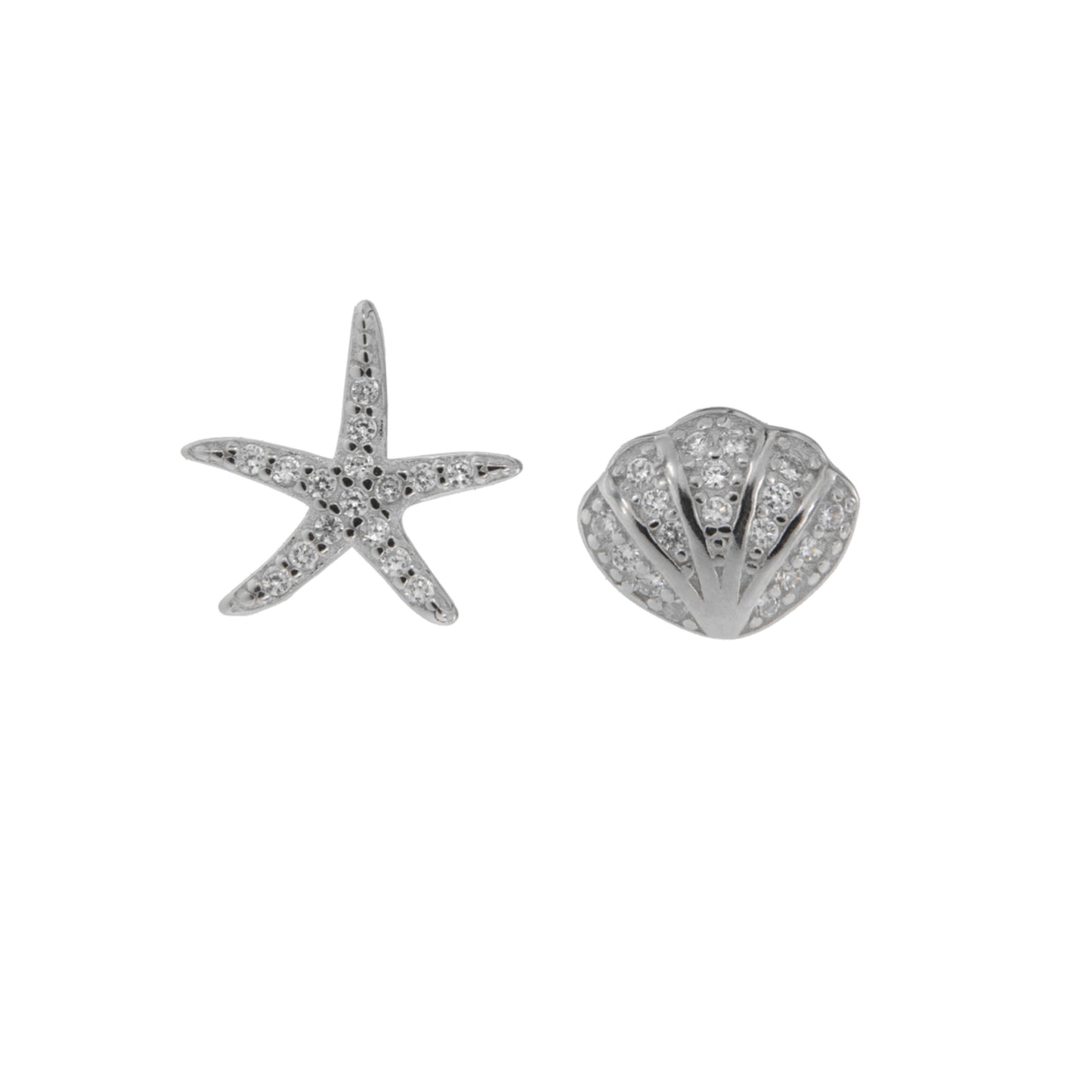 Starfish and shell pressure earrings in silver, decorated with small white zircons