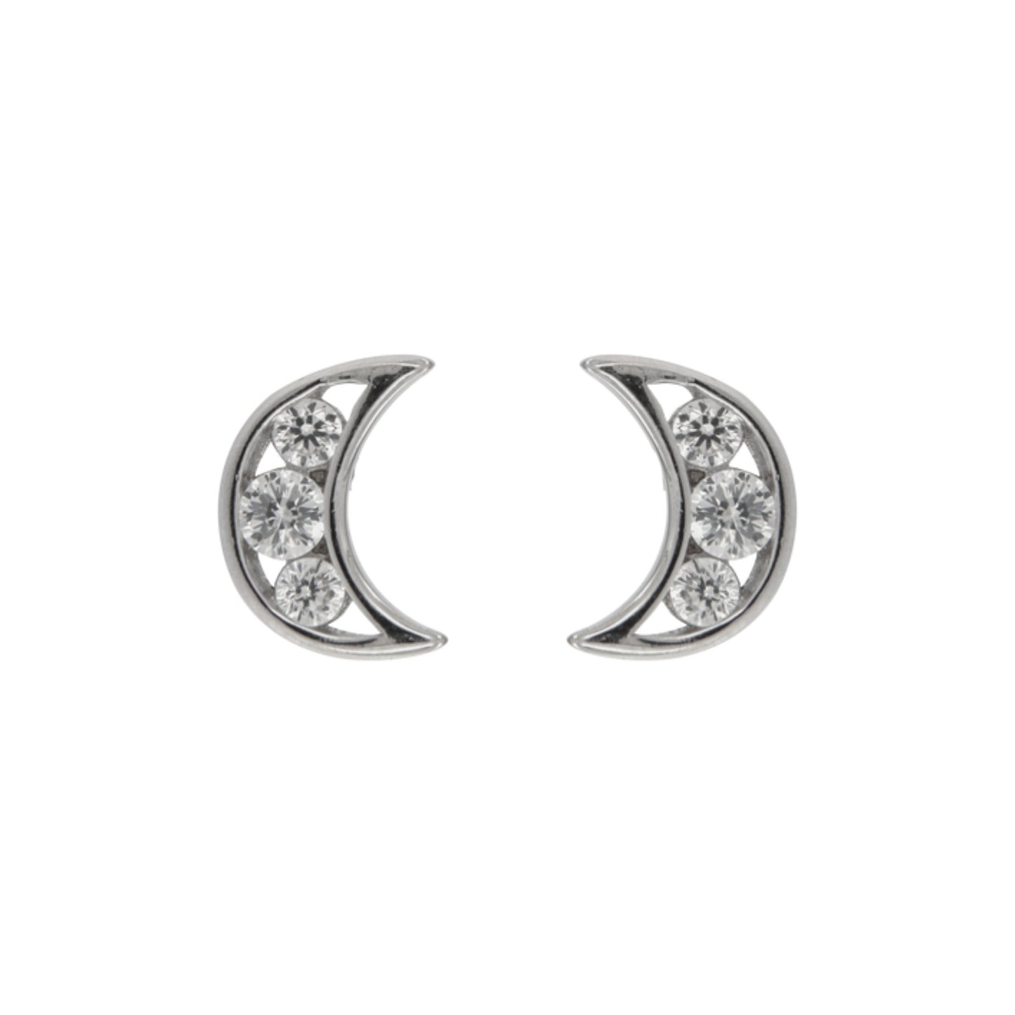 Moon with Flowers Pressure Earrings in silver, decorated with small white zircons