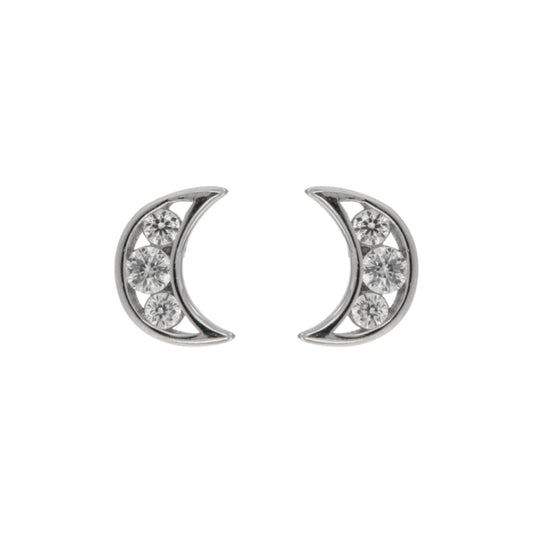 Moon with Flowers Pressure Earrings in silver, decorated with small white zircons