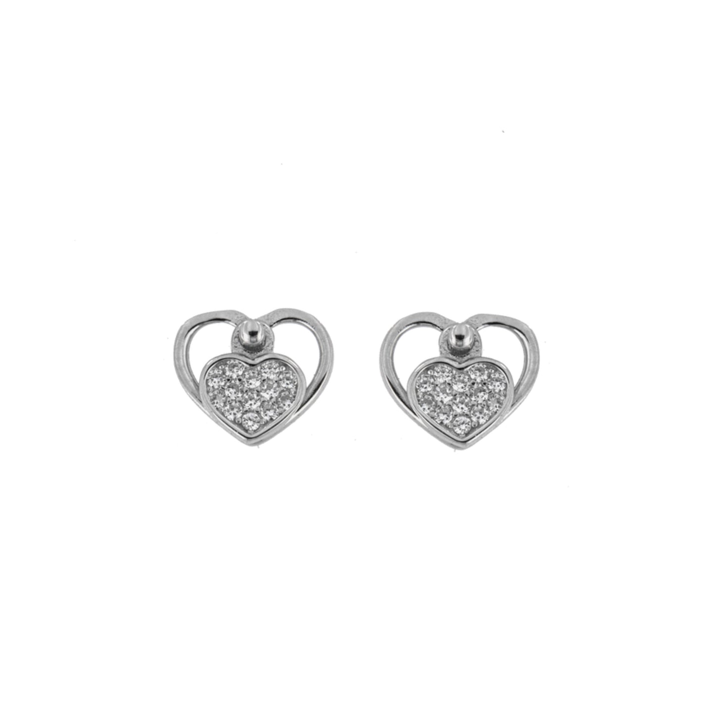 Heart-shaped pressure earrings with a heart in silver, decorated with small white zircons