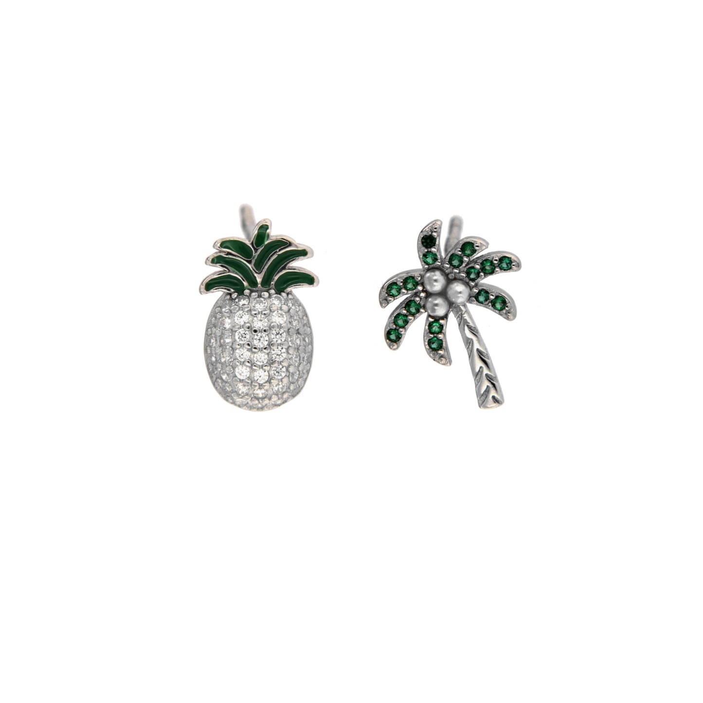 Pineapple with Palm Tree Stud Earrings in silver and gold plated silver, adorned with small white zircons