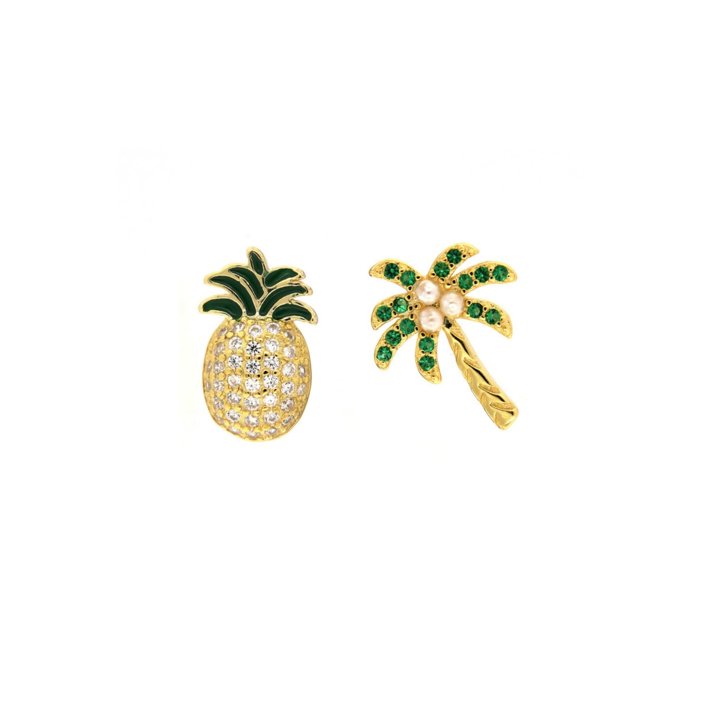 Pineapple with Palm Tree Stud Earrings in silver and gold plated silver, adorned with small white zircons