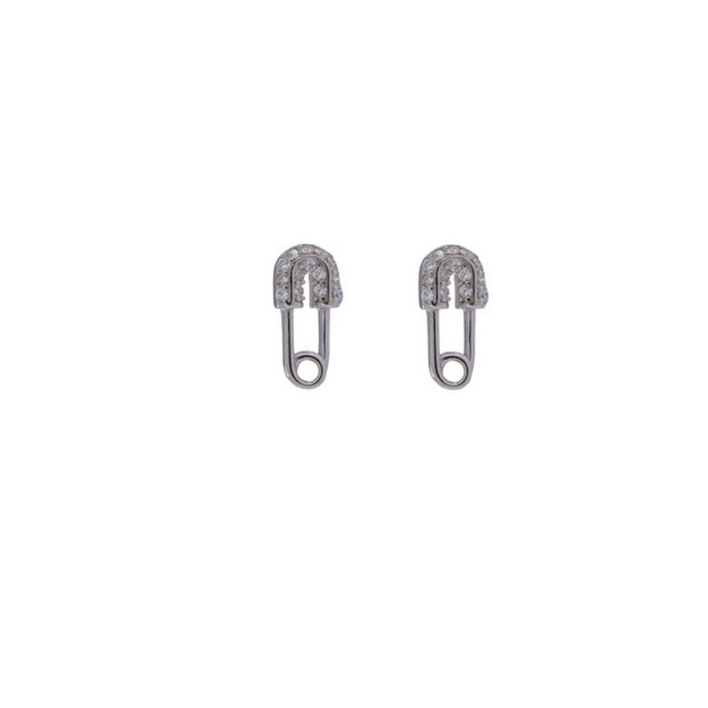 Silver pin stud earrings, adorned with small white zircons