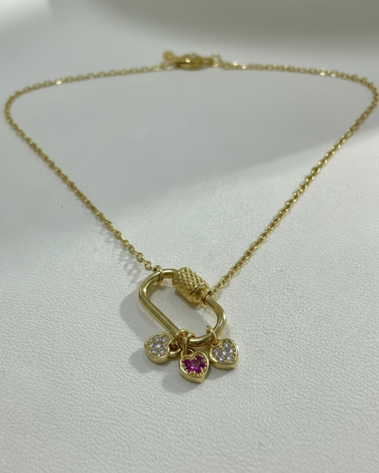 Choker with Padlock Pendant with Hearts in silver and gold plated silver with pink and white zircons