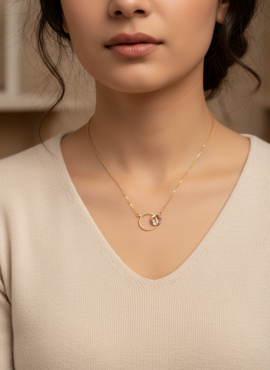 Gargantilla con Colgante en plata y plata bañada en oro con circonitas de colores