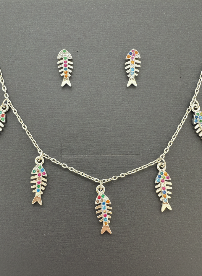 Pulsera Pescados con Raspas en plata con circonitas de colores